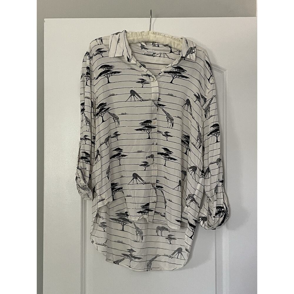 Jane & Delancy XL White Black Giraffe Safari Print Button Up High Low Blouse - Picture 2 of 7